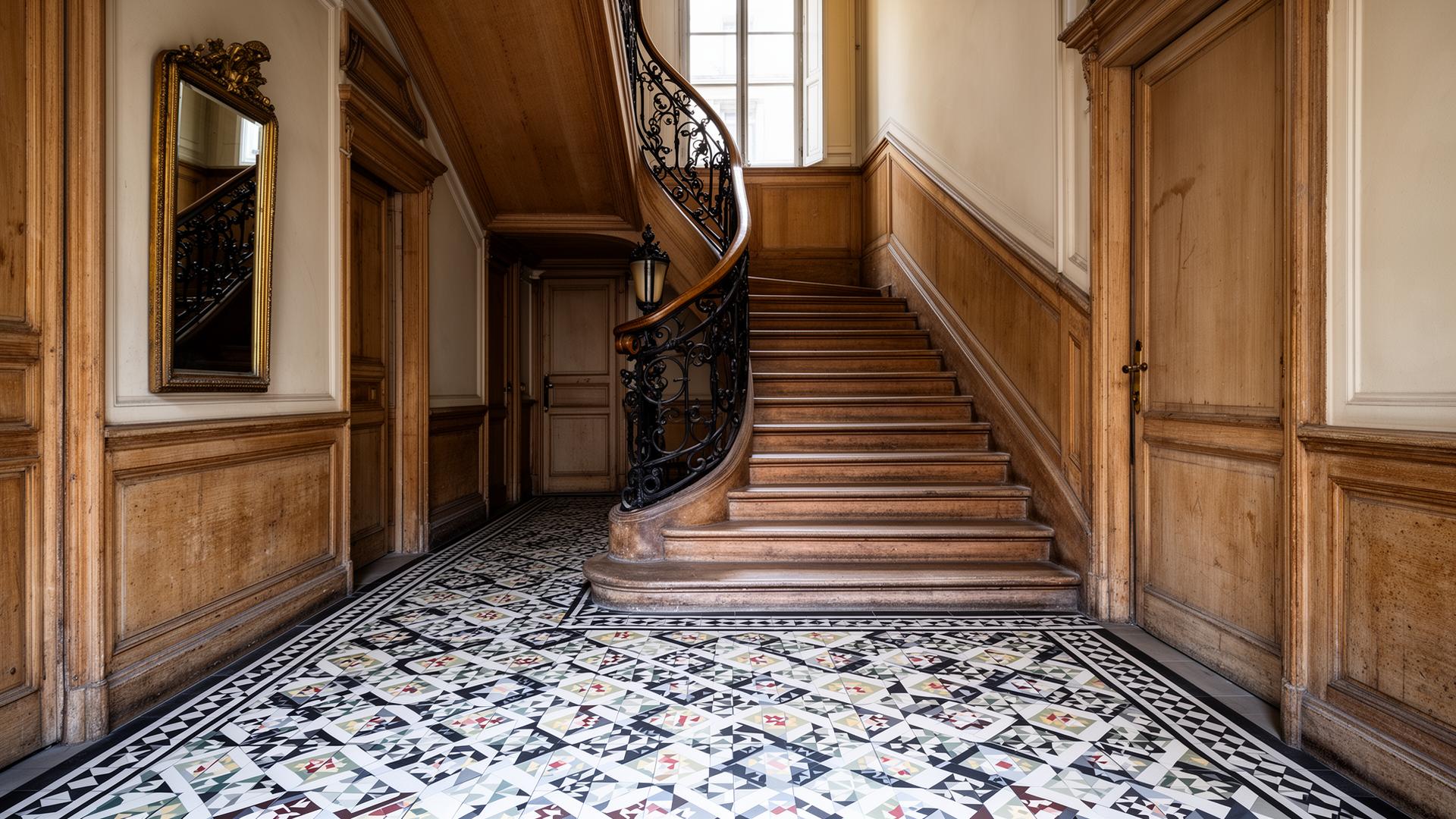 Hall d'immeuble ancien à Saint-Cloud, carreaux de ciment et escalier en bois